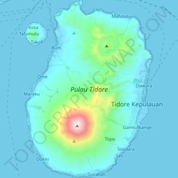 Mapa topográfico Pulau Tidore, altitude, relevo