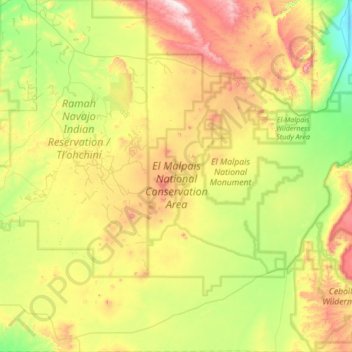 Mapa topográfico El Malpais National Conservation Area, altitude, relevo
