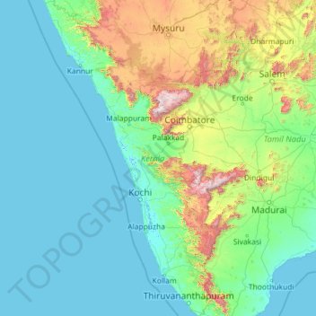 Mapa topográfico Kerala, altitude, relevo