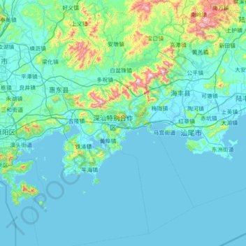 Mapa topográfico 惠东县, altitude, relevo