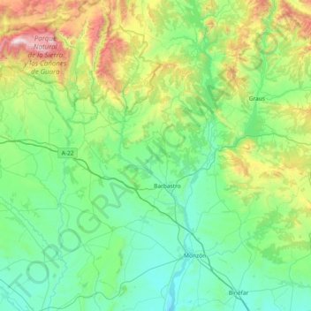 Mapa topográfico Somontano de Barbastro, altitude, relevo