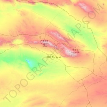 Mapa topográfico Hami, altitude, relevo