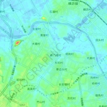 Mapa topográfico 东坑镇, altitude, relevo