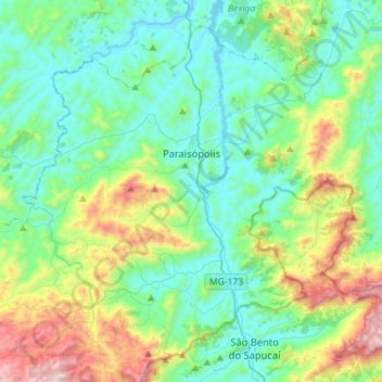 Mapa topográfico Paraisópolis, altitude, relevo