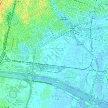 Mapa topográfico Quatre Carreres, altitude, relevo