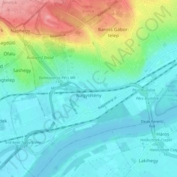 Mapa topográfico Nagytétény, altitude, relevo