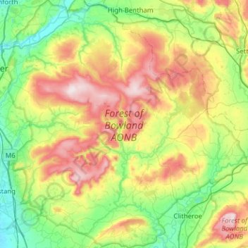 Mapa topográfico Forest of Bowland AONB, altitude, relevo