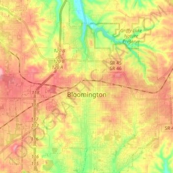 Mapa topográfico Bloomington, altitude, relevo