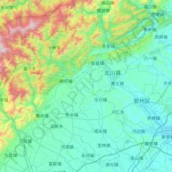 Mapa topográfico 安州区, altitude, relevo