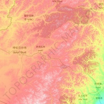 Mapa topográfico 牙克石市, altitude, relevo