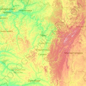 Mapa topográfico Башкортостан, altitude, relevo