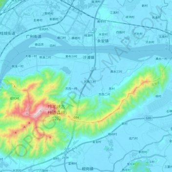 Mapa topográfico 沙浦镇, altitude, relevo