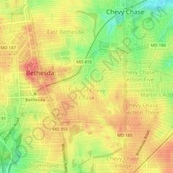 Mapa topográfico Chevy Chase, altitude, relevo