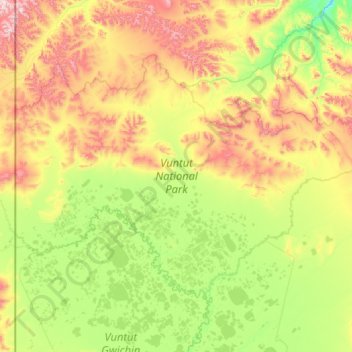 Mapa topográfico Vuntut National Park, altitude, relevo
