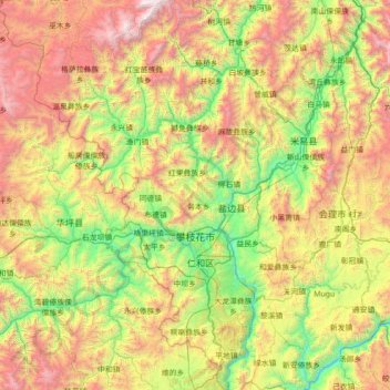 Mapa topográfico 攀枝花市, altitude, relevo