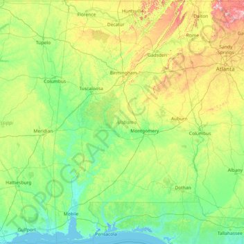 Mapa topográfico Alabama, altitude, relevo
