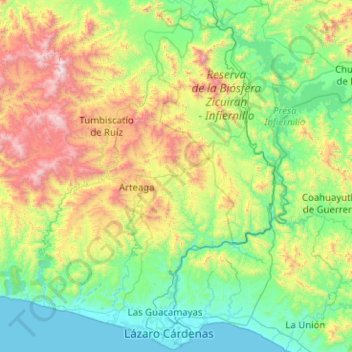 Mapa topográfico Arteaga, altitude, relevo