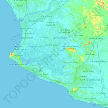 Mapa topográfico Greater Monrovia, altitude, relevo
