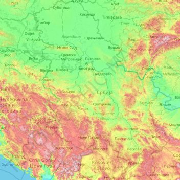 Mapa topográfico Sérvia, altitude, relevo
