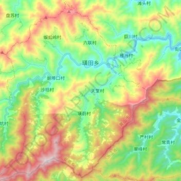 Mapa topográfico 璜田乡, altitude, relevo