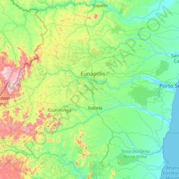 Mapa topográfico Rio Buranhém, altitude, relevo