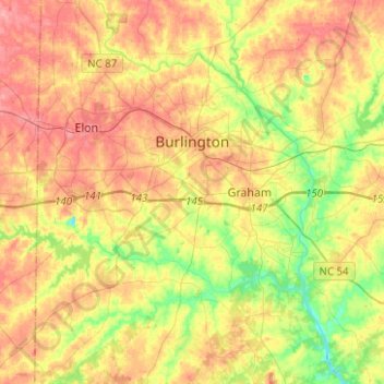 Mapa topográfico Burlington, altitude, relevo