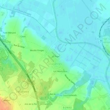 Mapa topográfico Crazannes, altitude, relevo