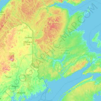 Mapa topográfico New Brunswick, altitude, relevo