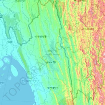 Mapa topográfico Rangamati, altitude, relevo