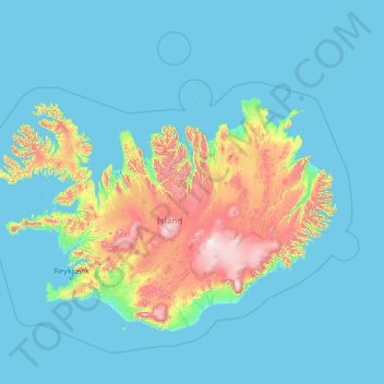 Mapa topográfico Islândia, altitude, relevo
