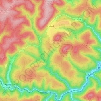 Mapa topográfico Esthal, altitude, relevo