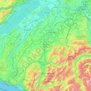 Mapa topográfico Fribourg, altitude, relevo