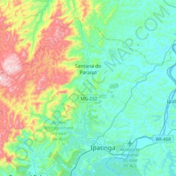 Mapa topográfico Santana do Paraíso, altitude, relevo