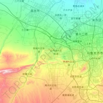 Mapa topográfico 头屯河区, altitude, relevo