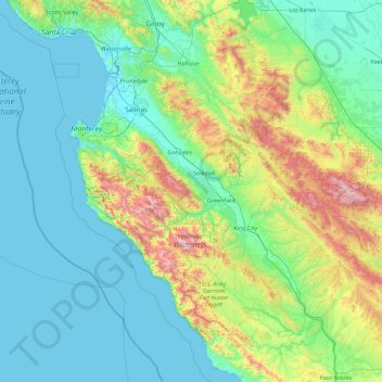 Mapa topográfico Monterey County, altitude, relevo