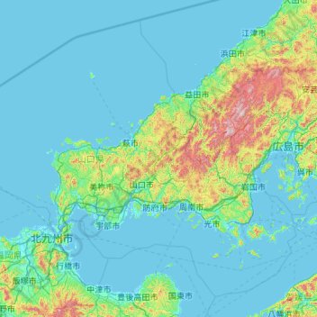 Mapa topográfico Préfecture de Yamaguchi, altitude, relevo