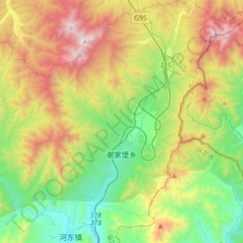Mapa topográfico 谢家堡乡, altitude, relevo