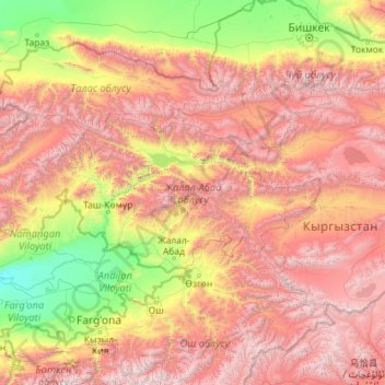 Mapa topográfico Jalal-Abad Region, altitude, relevo