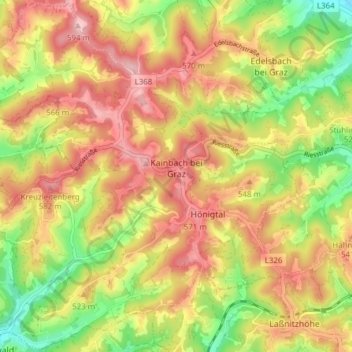 Mapa topográfico Kainbach bei Graz, altitude, relevo