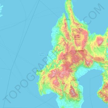 Mapa topográfico West Sulawesi, altitude, relevo