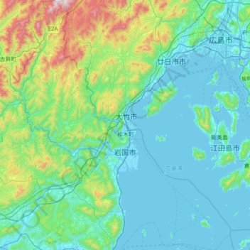 Mapa topográfico Iwakuni, altitude, relevo