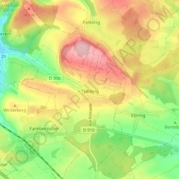 Mapa topográfico Théding, altitude, relevo