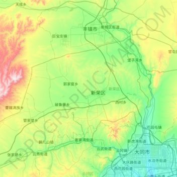 Mapa topográfico 新荣区, altitude, relevo