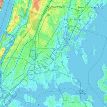 Mapa topográfico Bronx County, altitude, relevo