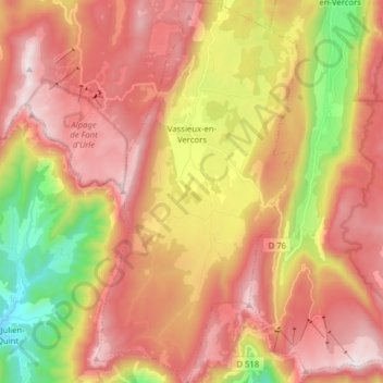 Mapa topográfico Vassieux-en-Vercors, altitude, relevo