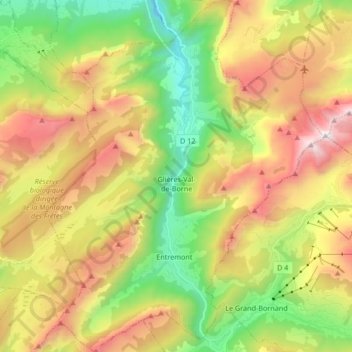 Mapa topográfico Glières-Val-de-Borne, altitude, relevo