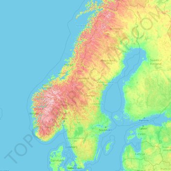 Mapa topográfico Suécia, altitude, relevo