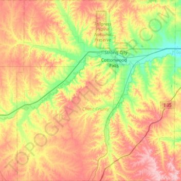 Mapa topográfico Chase County, altitude, relevo