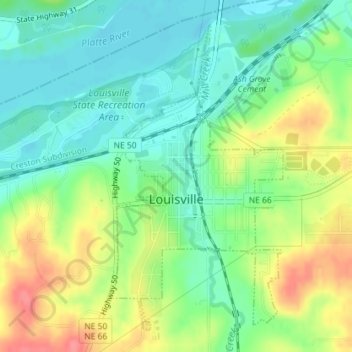 Mapa topográfico Louisville, altitude, relevo