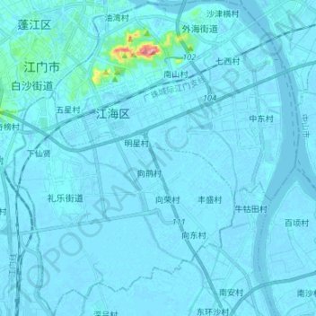 Mapa topográfico 江海区, altitude, relevo